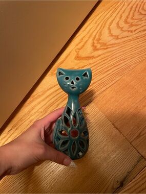 Teal Ceramic Cat Figurine (made in greece)